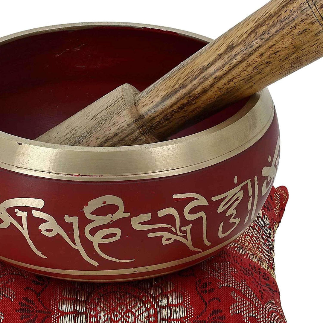 Ajuny Tibetische Klangschale Set Handgefertigte Messing-Schale In Rot mit Stock & Kissen Meditation