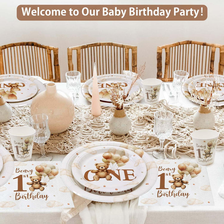 1. Geburtstag Junge Partygeschirr set für 25 Gäste, 100pcs Teddybär wiederverwendbare Pappteller für