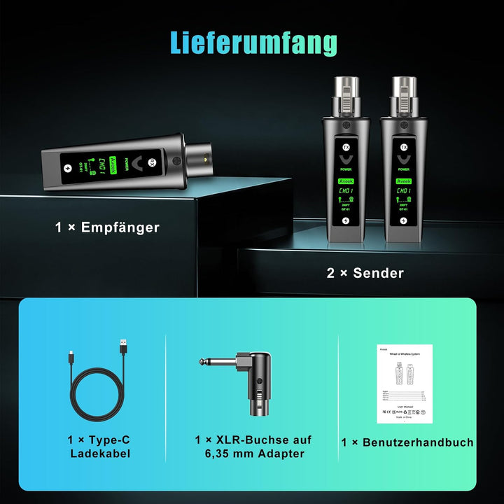 Aveek Kabelloses XLR-Sender/Empfänger für dynamisches Mikro,60 m Reichweite |, Empfänger +2 Sender