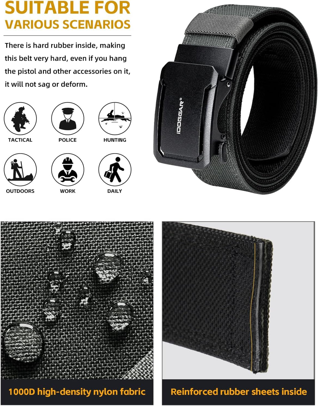 IDOGEAR Schnellverstellbarer taktischer Ratschengurt | Strapazierfähiges 1000D-Nylon für EDC, CCW un