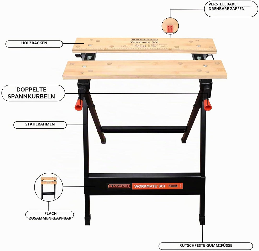 Black+Decker tragbare Werkbank WM301 (freistehend, Abmessung der Arbeitsplatte: 610x250 mm, max. Tra