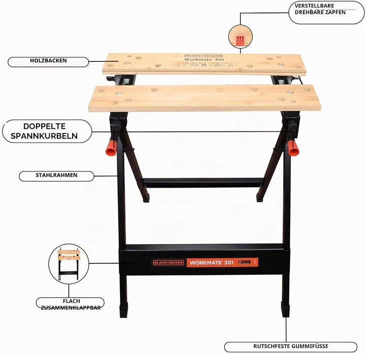 Black+Decker tragbare Werkbank WM301 (freistehend, Abmessung der Arbeitsplatte: 610x250 mm, max. Tra