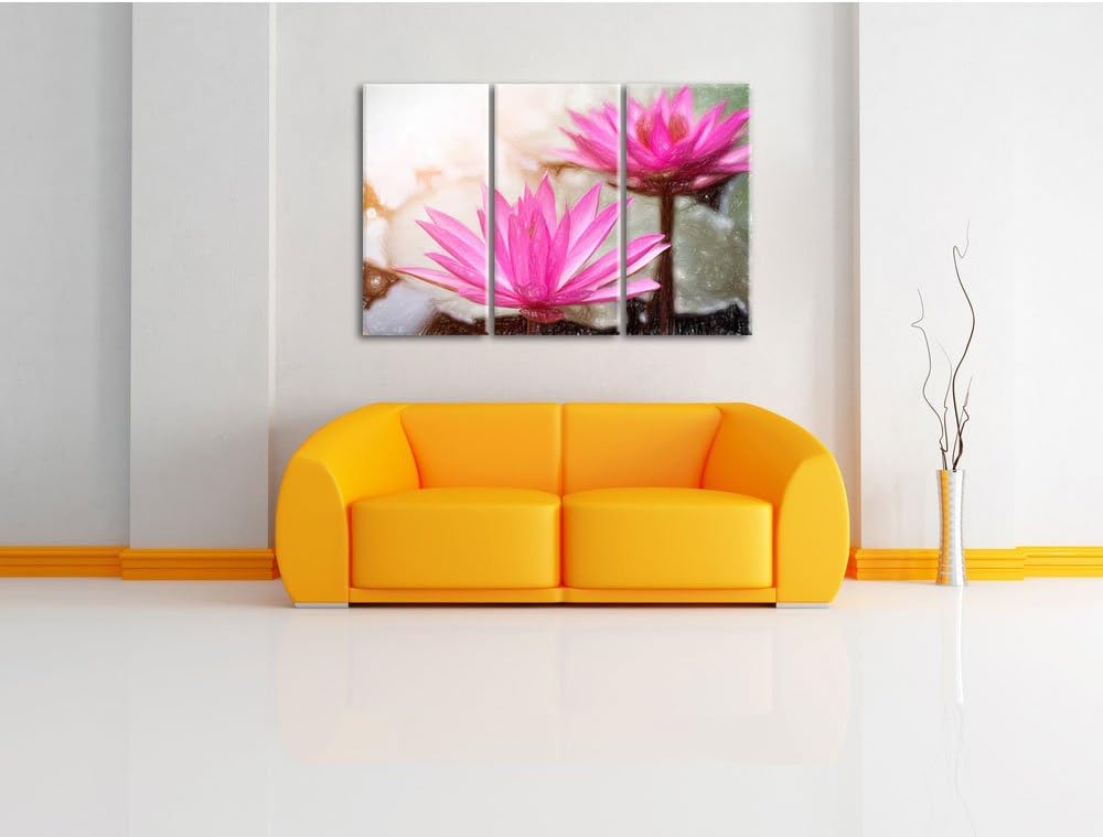 Pixxprint Lilafarbene Wasserlilie Kunst Buntstift Effekt 3-Teiler Leinwandbild 120x80 Bild auf Leinw