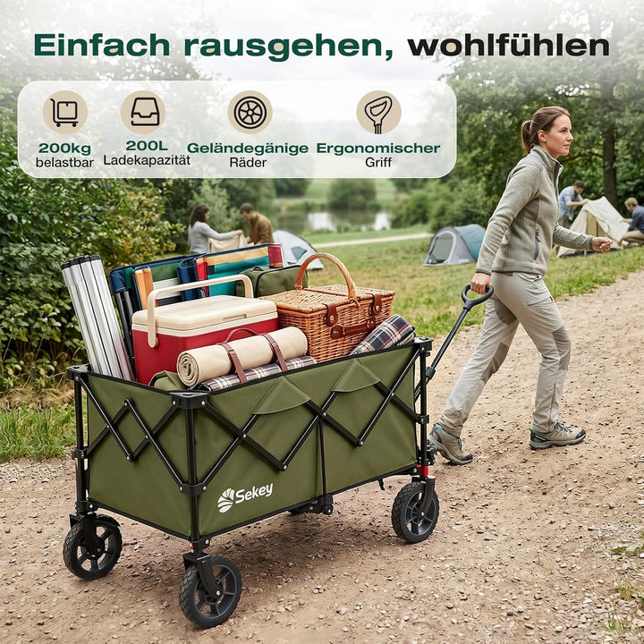 Sekey XXL Plus Bollerwagen Faltbar 200L 200KG Tragkraft, Faltbarer Bollerwagen Geländetauglich mit B