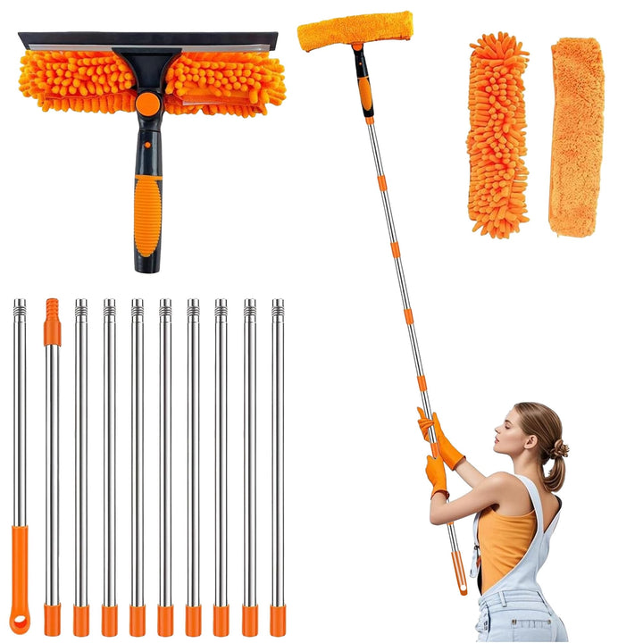 4,5 m Teleskop Fensterreiniger: Fensterwischer 270° drehbarer Kopf (Orange - 2-in-1), Orange - 2-in-