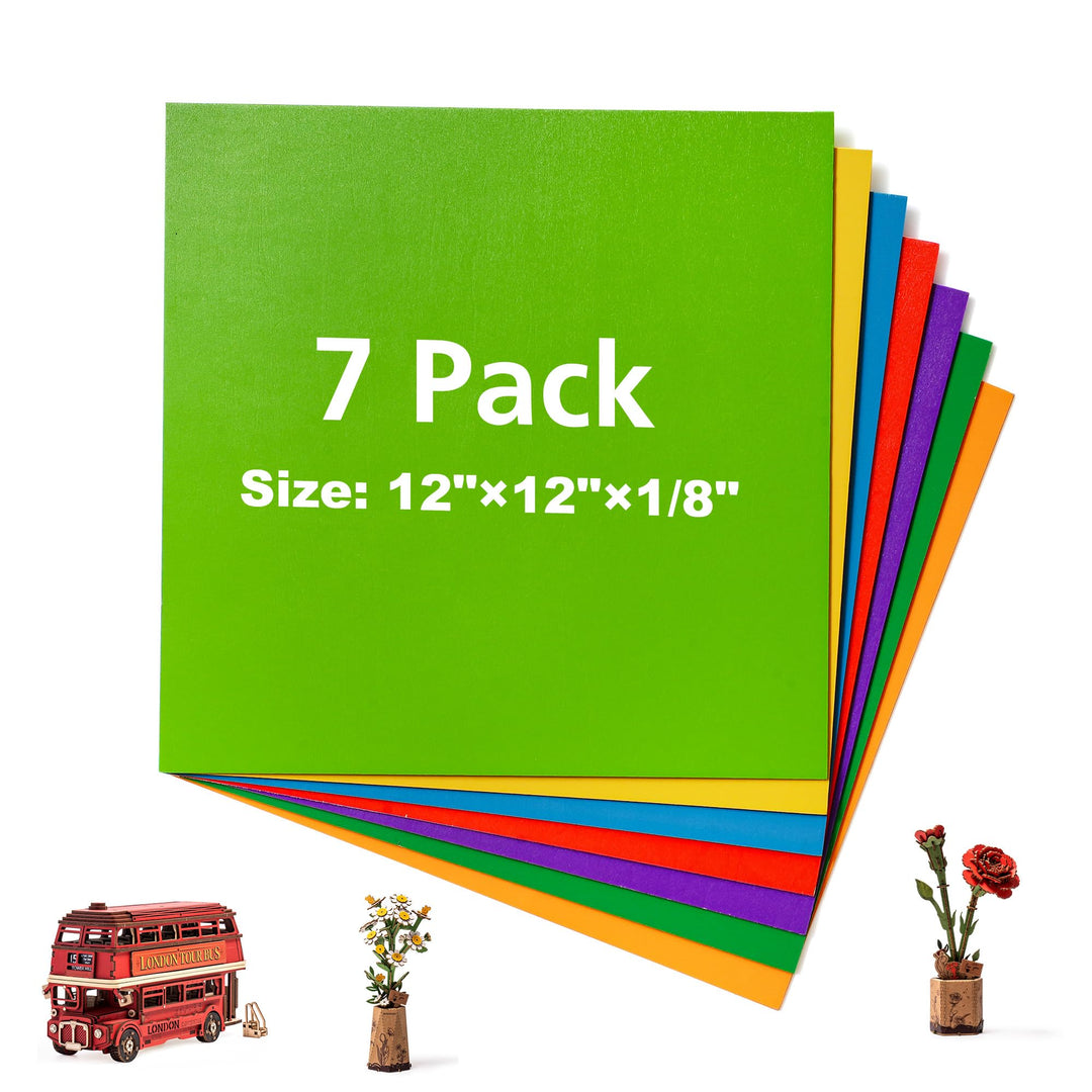 ROBOTIME 7 Stück 7 Farben Basswood Blätter, 3mm farbige Basswood für Laserschneiden, Sperrholz dünne