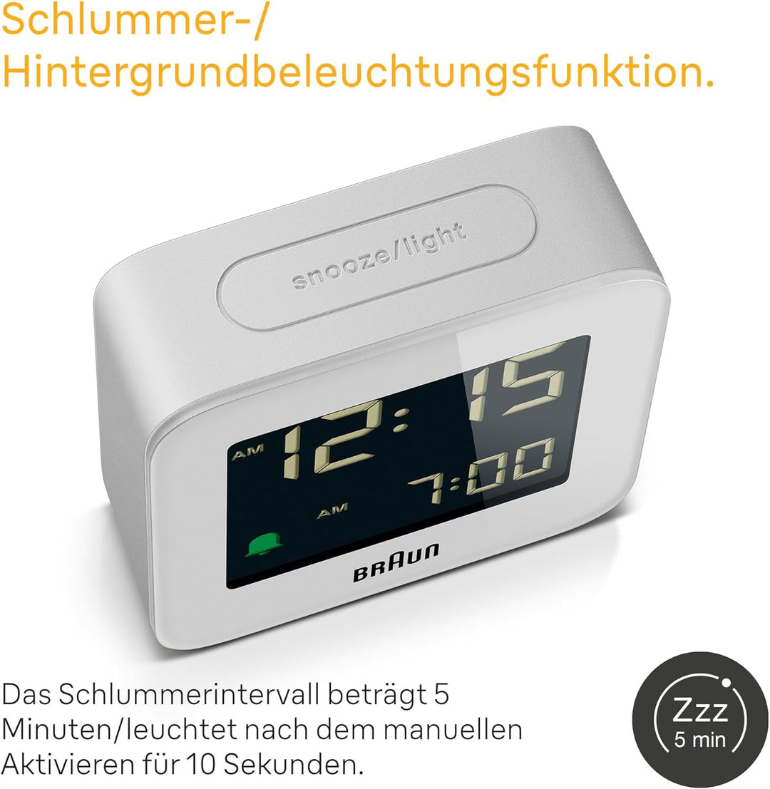 Braun Digitaler Reisewecker mit Snooze-Funktion, kompakte Grösse, Negatives LCD-Display, Schnelleins