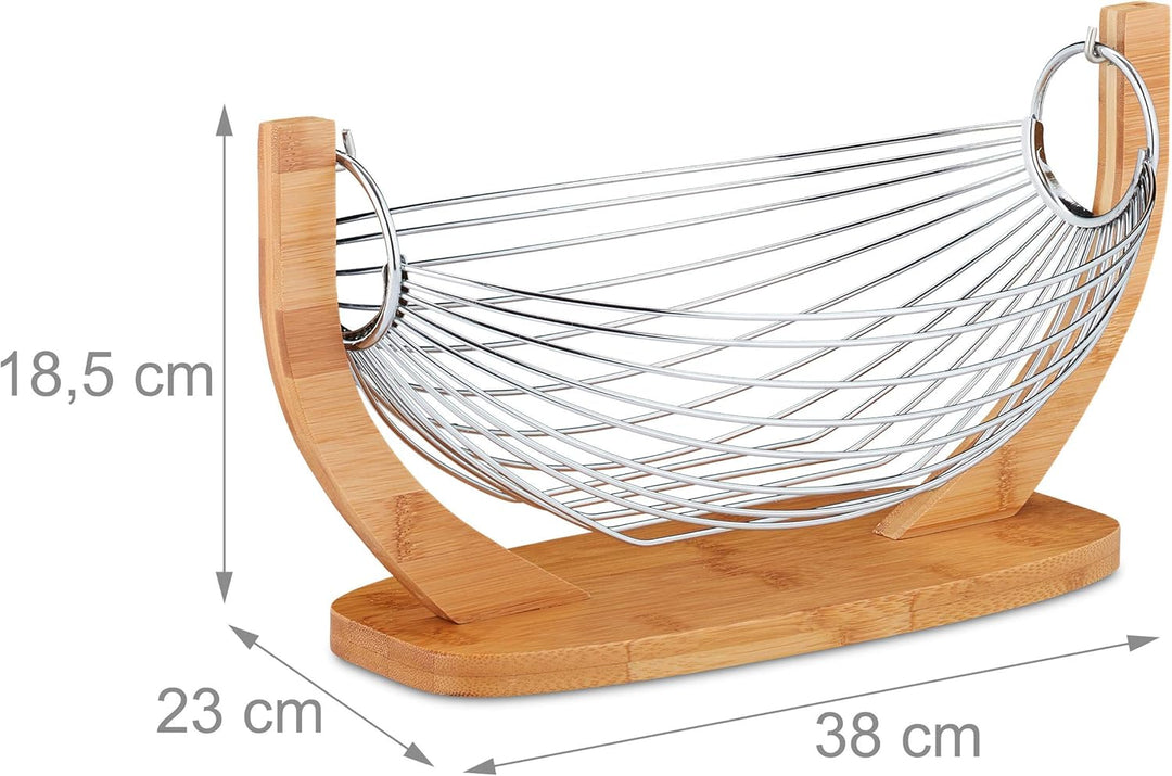 Relaxdays Obsthängematte, Bambus und Edelstahl, Gitter Design, Deko Obstschale, HxBxT: 18, 5 x 38 x