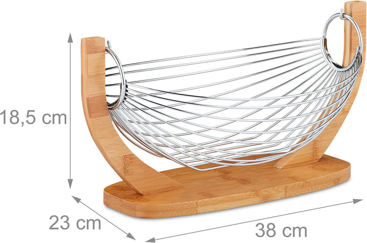 Relaxdays Obsthängematte, Bambus und Edelstahl, Gitter Design, Deko Obstschale, HxBxT: 18, 5 x 38 x