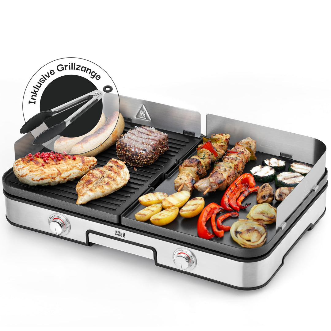 LEBENLANG Elektrogrill Tischgrill elektrisch - Inkl. Grillzange & Spritzschutz I 2400W Für Drinnen &