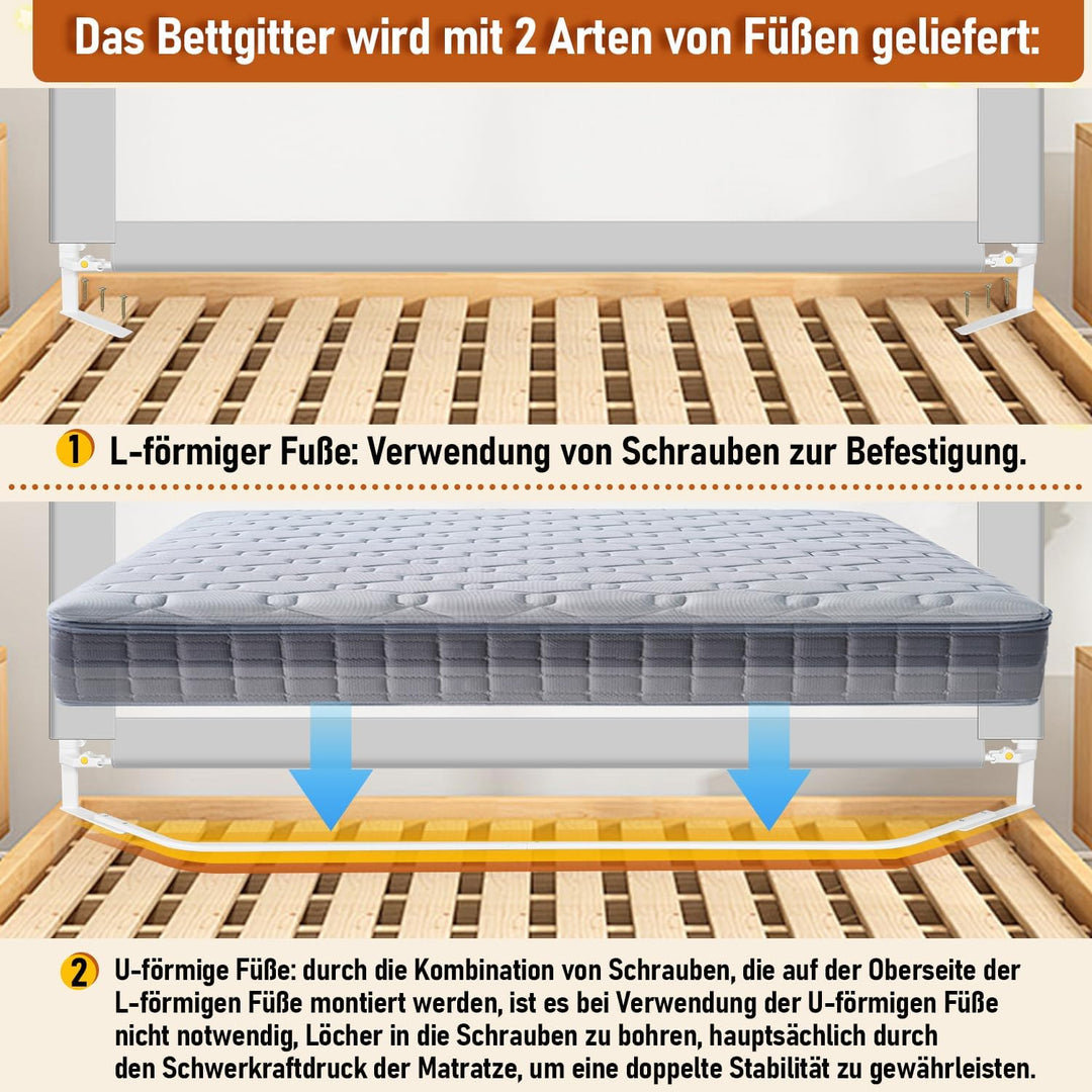 Ansobea 200cm Bettgitter｜Kinderbettschutz mit U-förmige Füsse｜Kinderbettgitter Faltbar｜Bettschutzgit