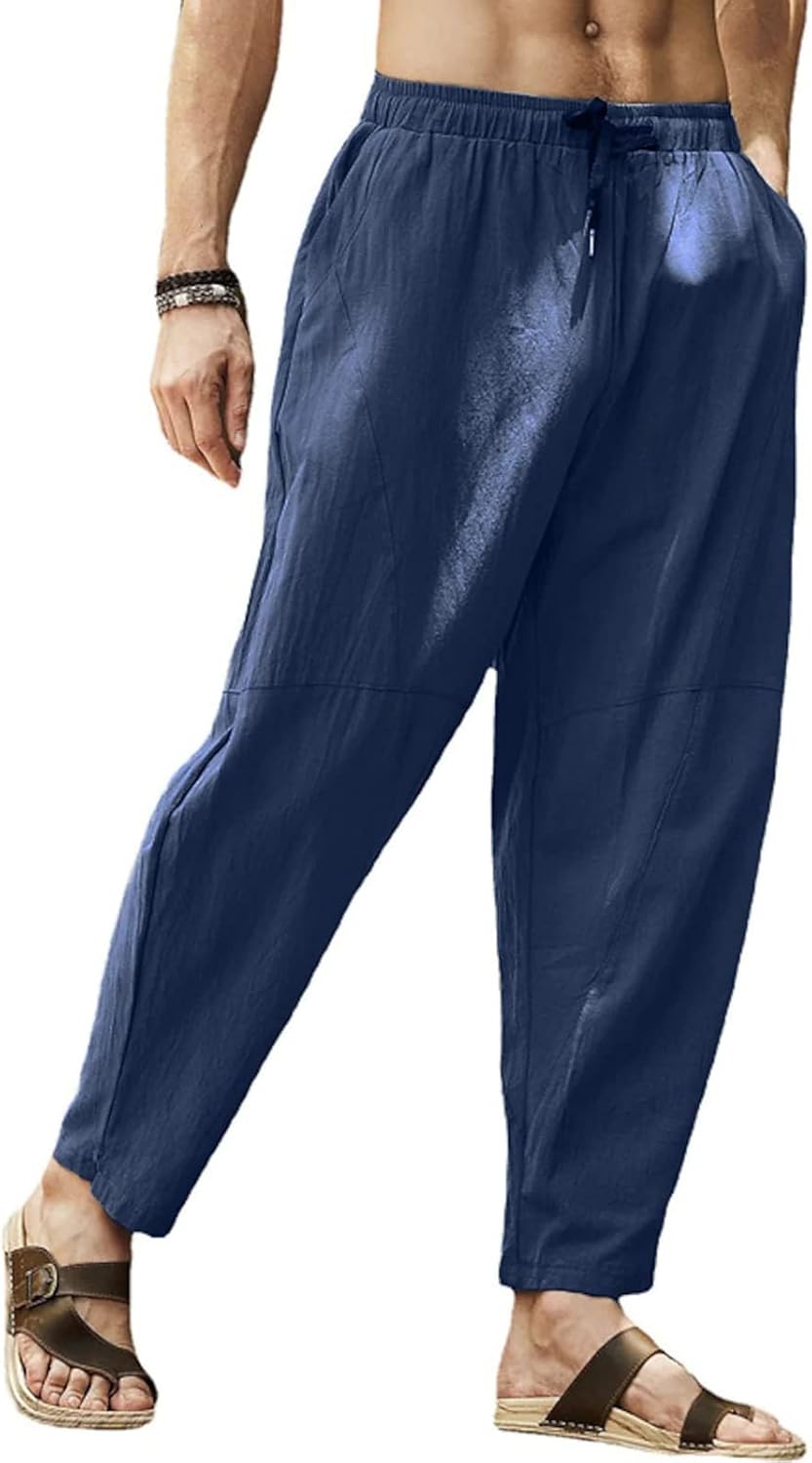 Leinenhose Herren Sommerhose Herren Leicht Yogahose Freizeithose mit Elastische Gürtel XXL Tiefblau,