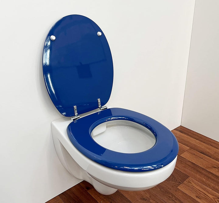 ADOB WC Sitz Klobrille Holzkern Farbe Blau, extrem stabil, messing verchromte Scharniere, WC-Brille