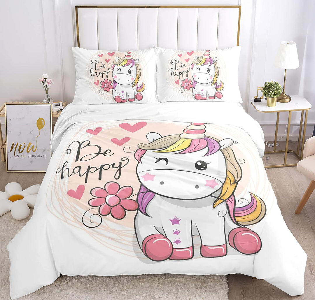 PQCXXA Kinder Einhorn Bettwäsche Mädchen-Bettwäsche Set Rosa 3D Cartoon Einhorn Bunt Blume drucken B