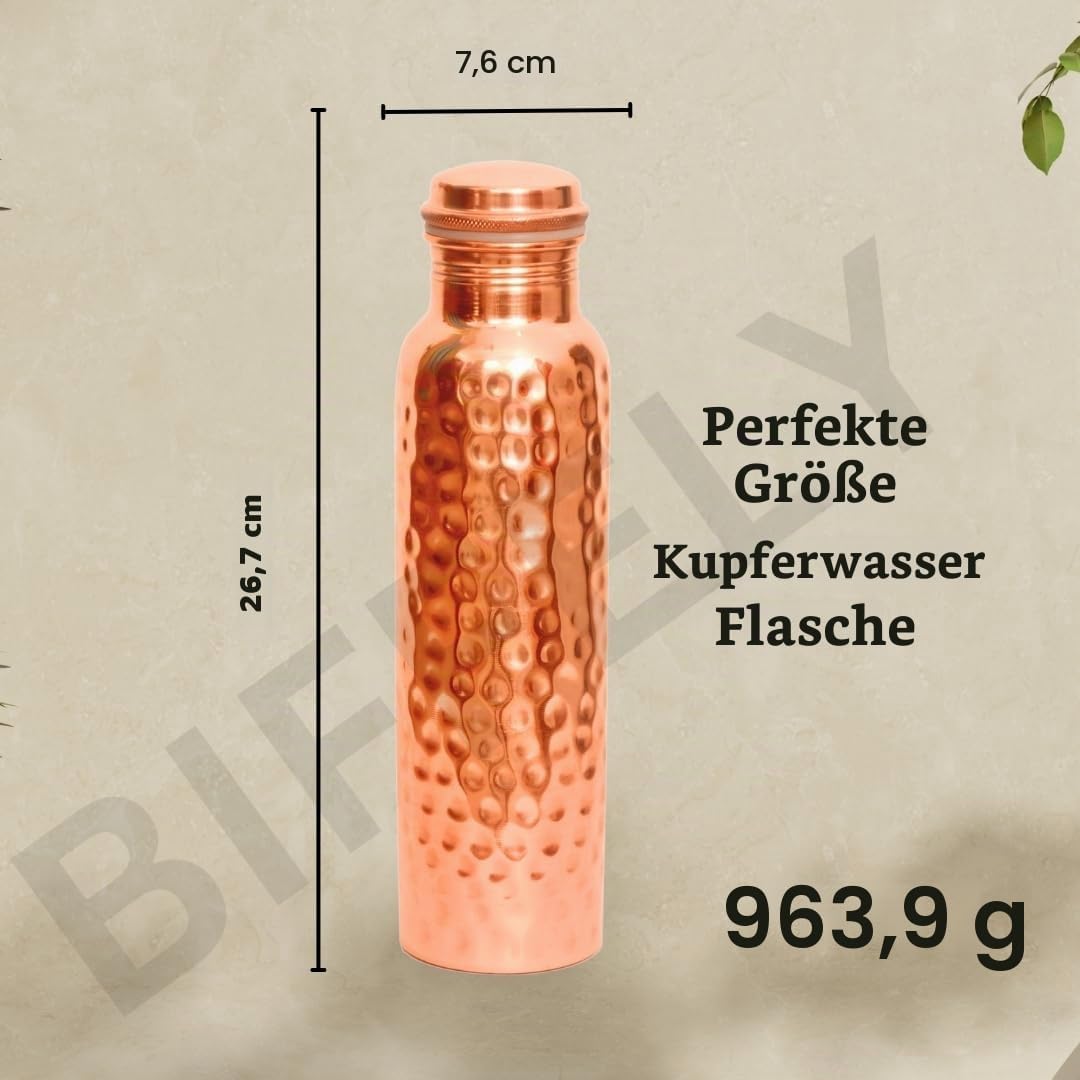 Kupfer-Wasserflasche, handgefertigt, ayurvedisch, 100% reines Kupfer, für Damen und Herren, auslaufs