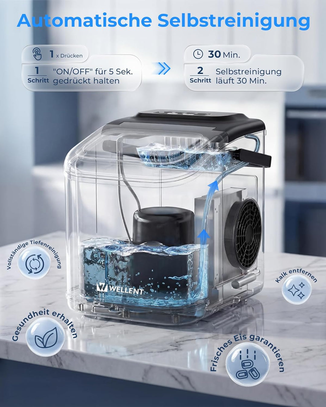 Eiswürfelmaschine Klein – Ice Maker, 8 Eiswürfel in 6 Minuten, 12 kg/24 Stunden, 2 Eiswürfelgrössen,
