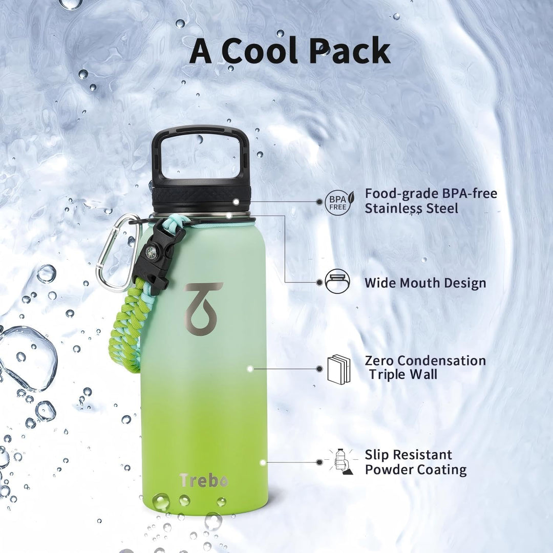 Trebo 946 ml Wasserflasche isoliert mit Deckel und Strohhalm, doppelwandige vakuumisolierte Edelstah
