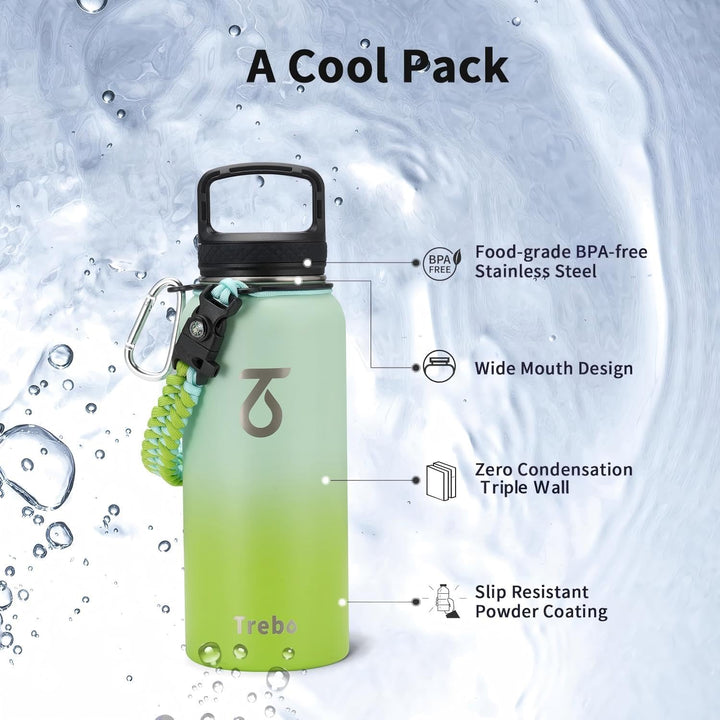 Trebo 946 ml Wasserflasche isoliert mit Deckel und Strohhalm, doppelwandige vakuumisolierte Edelstah