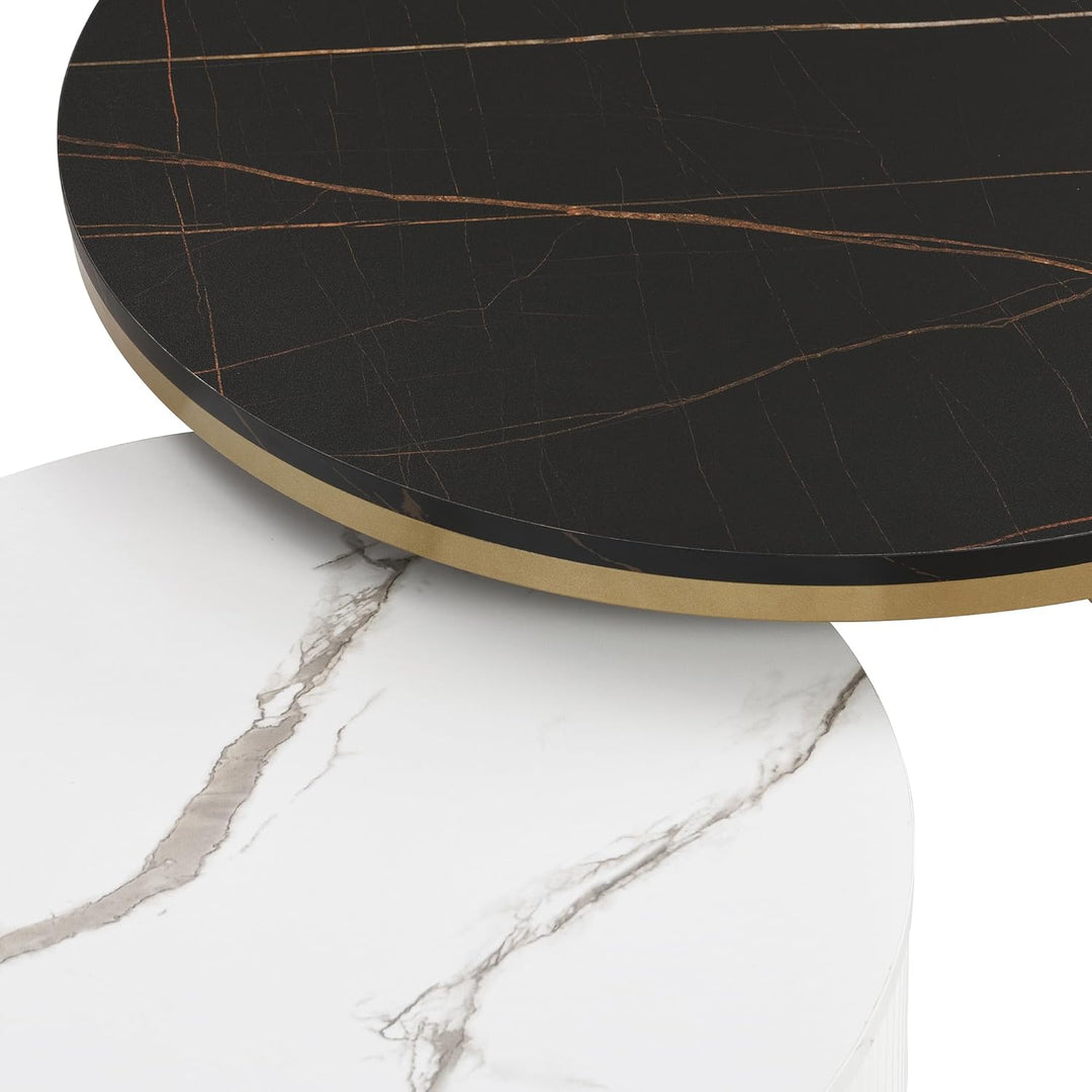 Merax Couchtisch 2er-Set, 70x70 cm+50x50 cm, Marmoroptik mit Golddekor, Beistelltisch mit Schubladen