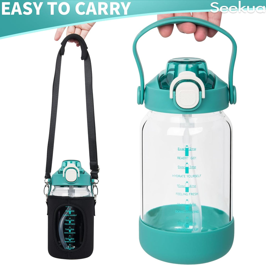 Seekua 1l Trinkflasche Glas Flasche mit Strohhalm & Zeitmarkierung, 1 liter Wasserflasche mit Frücht