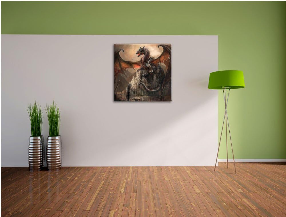 Drache schützend über Burg, Format: 70x70 auf Leinwand, XXL riesige Bilder fertig gerahmt mit Keilra