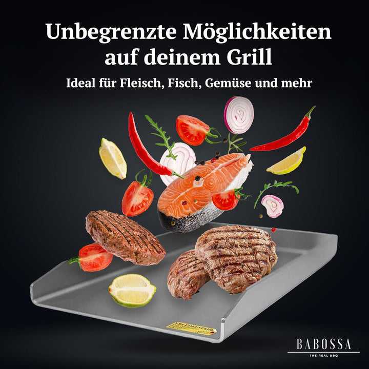 BABOSSA Grill Plancha aus V2A Edelstahl – Erstklassige Verarbeitung & perfekte Hitzeverteilung – kom