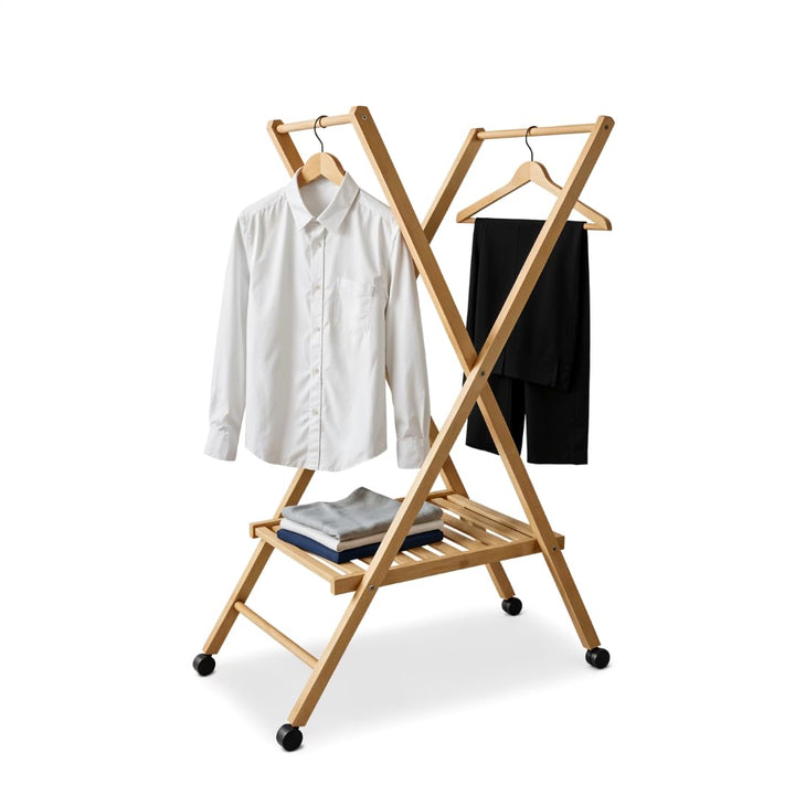 STIRA &amp; HÄNGENDI, Kleiderwagen, faltbar und platzsparend, 100% Buchenholz, multidirektionale Räder,