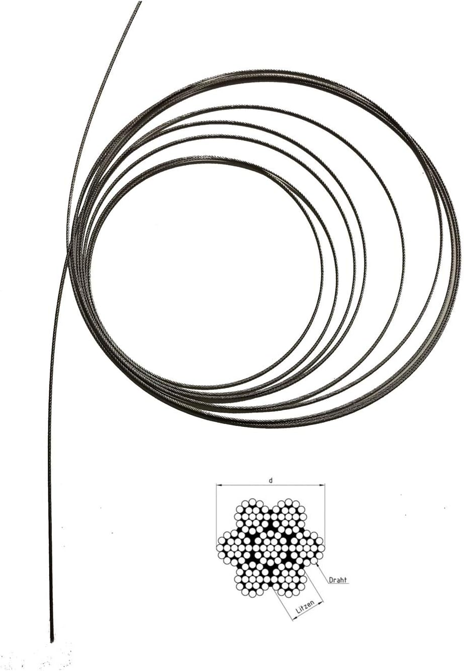 Drahtseil 4mm 25 Meter Edelstahl 7X19 EN 1.4401 weich A4 NIRO, Nirosta 25 Meter Drahtdurchmesser 4mm