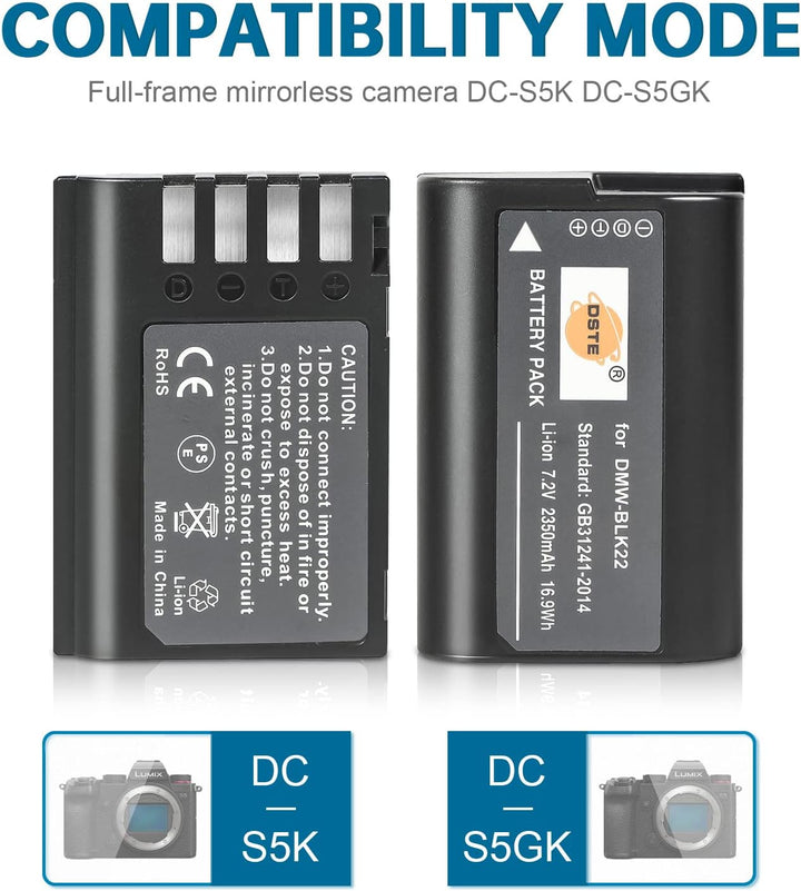 DSTE 2PCS DMW-BLK22 Wiederaufladbarer Li-Ionen Akku Kompatibel mit Panasonic Lumix S5 DC-S5K DC-S5GK