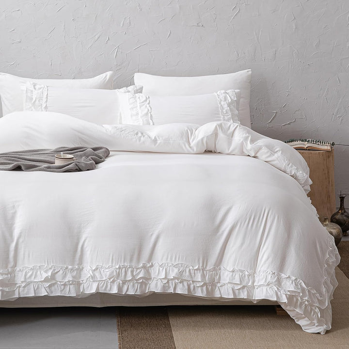 Herside Weiss Rüsche Bettwäsche 240x220 cm Böho Bettwäsche Sets 2-Schicht Weiss Rüschen Design Weich