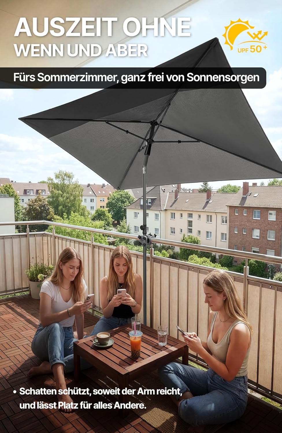 4smile SunnyShade Balkonschirm Rechteckig 210x140 cm, Sonnenschirm Balkon mit UV 50+, Sonnenschutz B