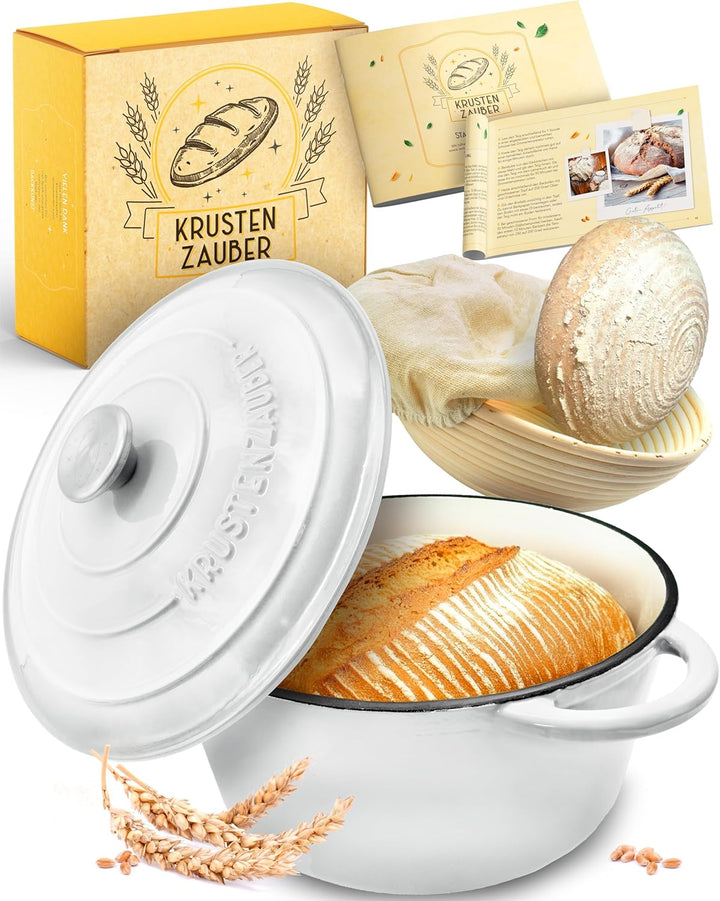KRUSTENZAUBER Gusseisen Topf Brot backen emailliert inkl. Gärkorb - 26cm Emaille-Topf samt Zubehör -