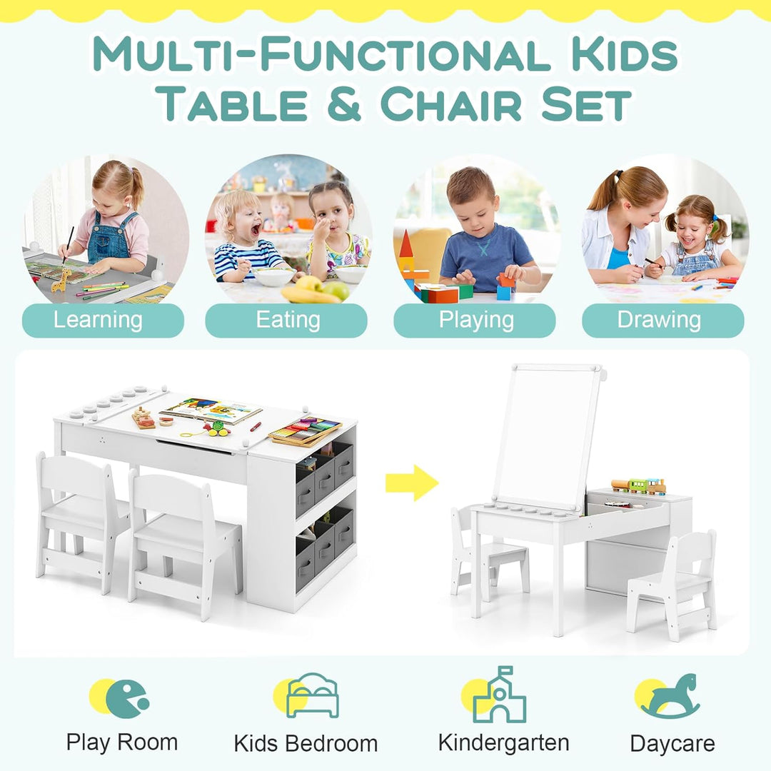 FANTASK 3-in-1 Holz Kindertisch mit 2 Stühlen, höhenverstellbare Tischplatte, Staffelei, Farbbechern
