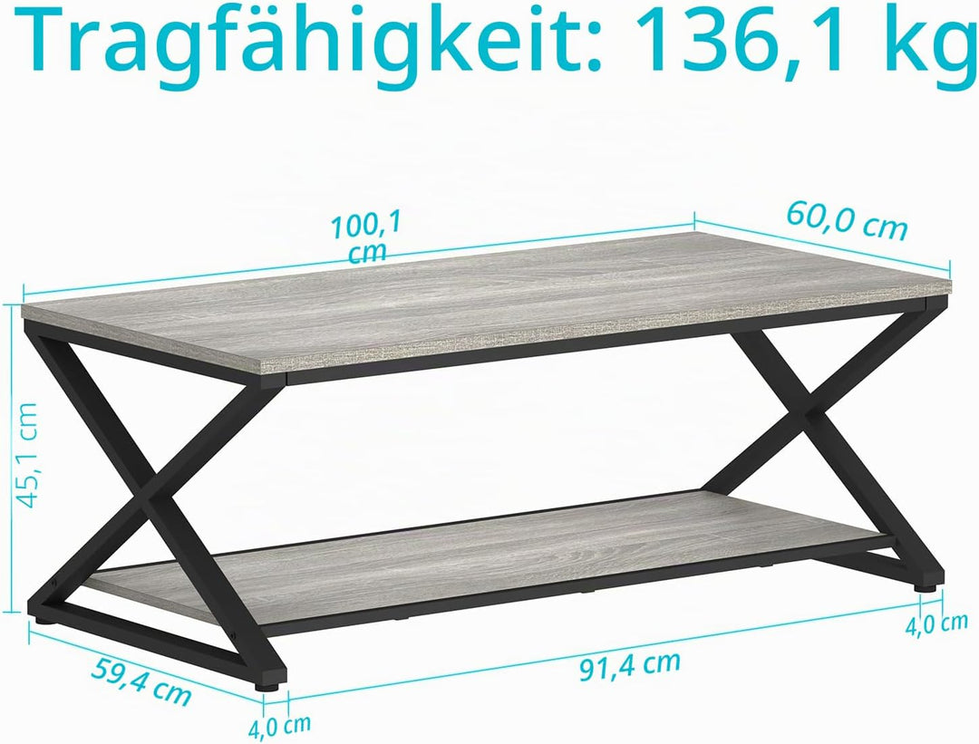HSH Grau Couchtisch mit Ablage, industrieller Metall-Holz-Wohnzimmertisch, Bauernhaus, 120 cm minima
