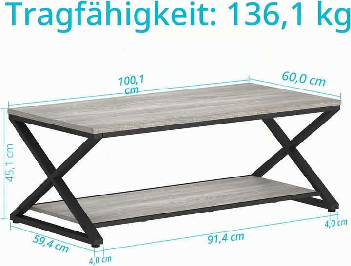 HSH Grau Couchtisch mit Ablage, industrieller Metall-Holz-Wohnzimmertisch, Bauernhaus, 120 cm minima