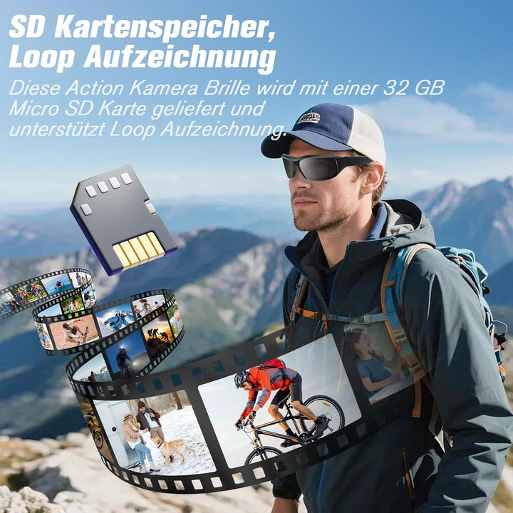 Action Cam, 32GB Sportbrille mit Kamera, Mini Actionkamera 1080P HD, Kleine Videokamera Sonnenbrille