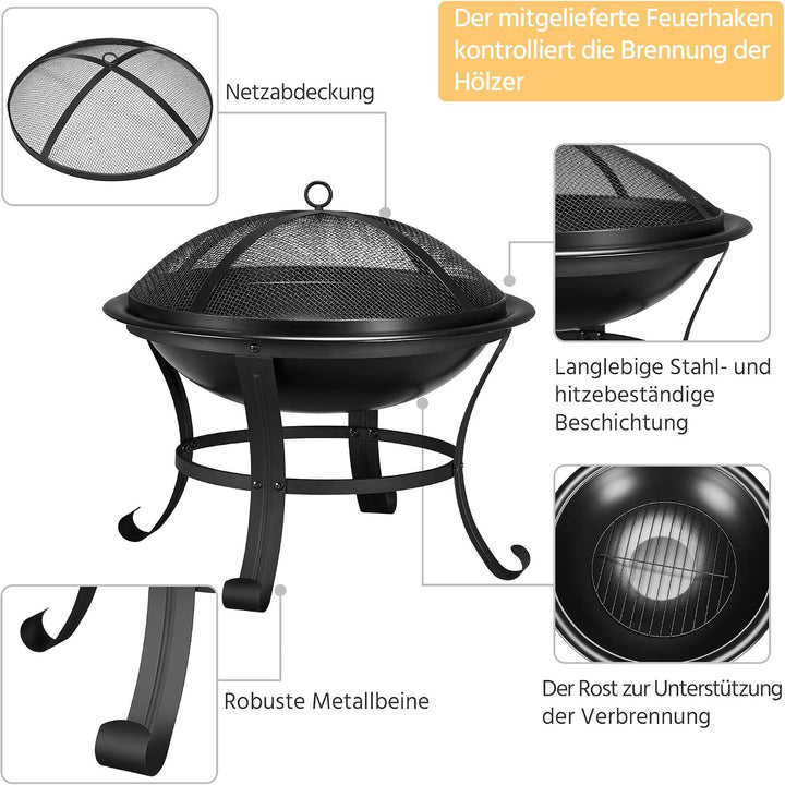 Yaheetech runde Feuerschale mit Abdeckung und Schürhaken, Feuerstelle Garten, Feuerkorb ideal für Ca
