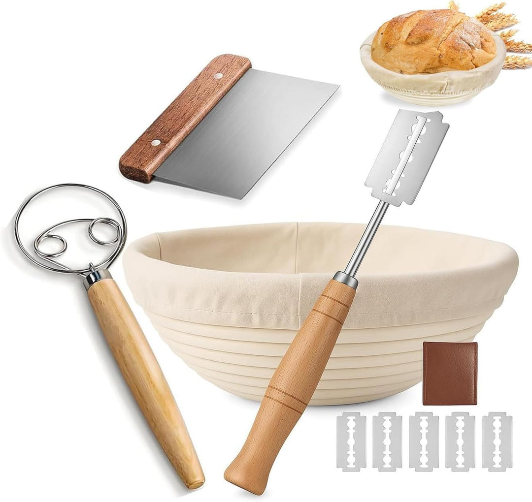 Gärkorb Brot Set,25cm Gärkörbchen zum Brotbacken, Sauerteig Starter Set, Einschliesslich Teigschaber
