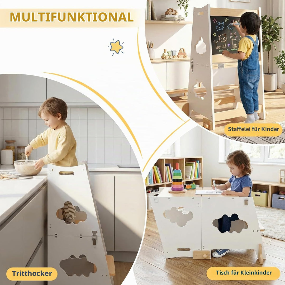 KIDINIX Lernturm ab 1 Jahr, 3 in 1 Montessori Learning Tower mit Sicherheitsgeländer und Tafel, Klap