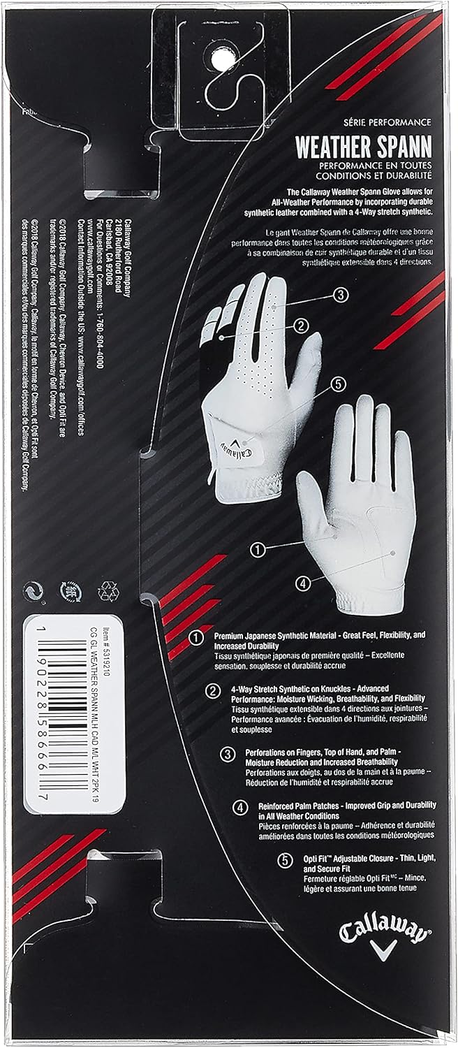 Callaway Herren Gloves Golfhandschuhe Weather Spann Einzelpack (Linke Hand, XXL, Weiss) Cadet Medium