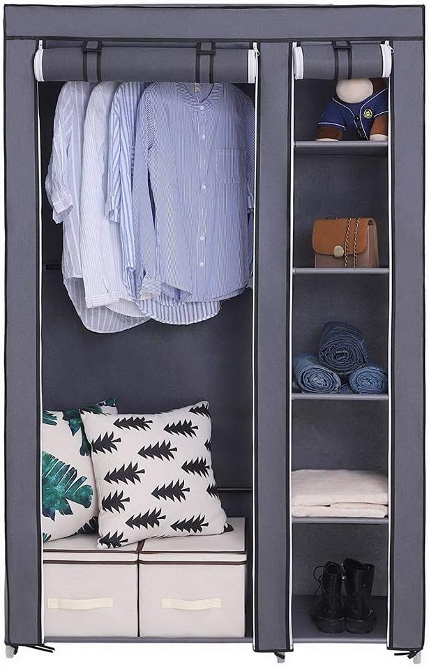 LEADZM Kleiderschrank, Stoffschrank, Garderobe Faltschrank mit Kleiderstange und Ablagen, Stabiler S
