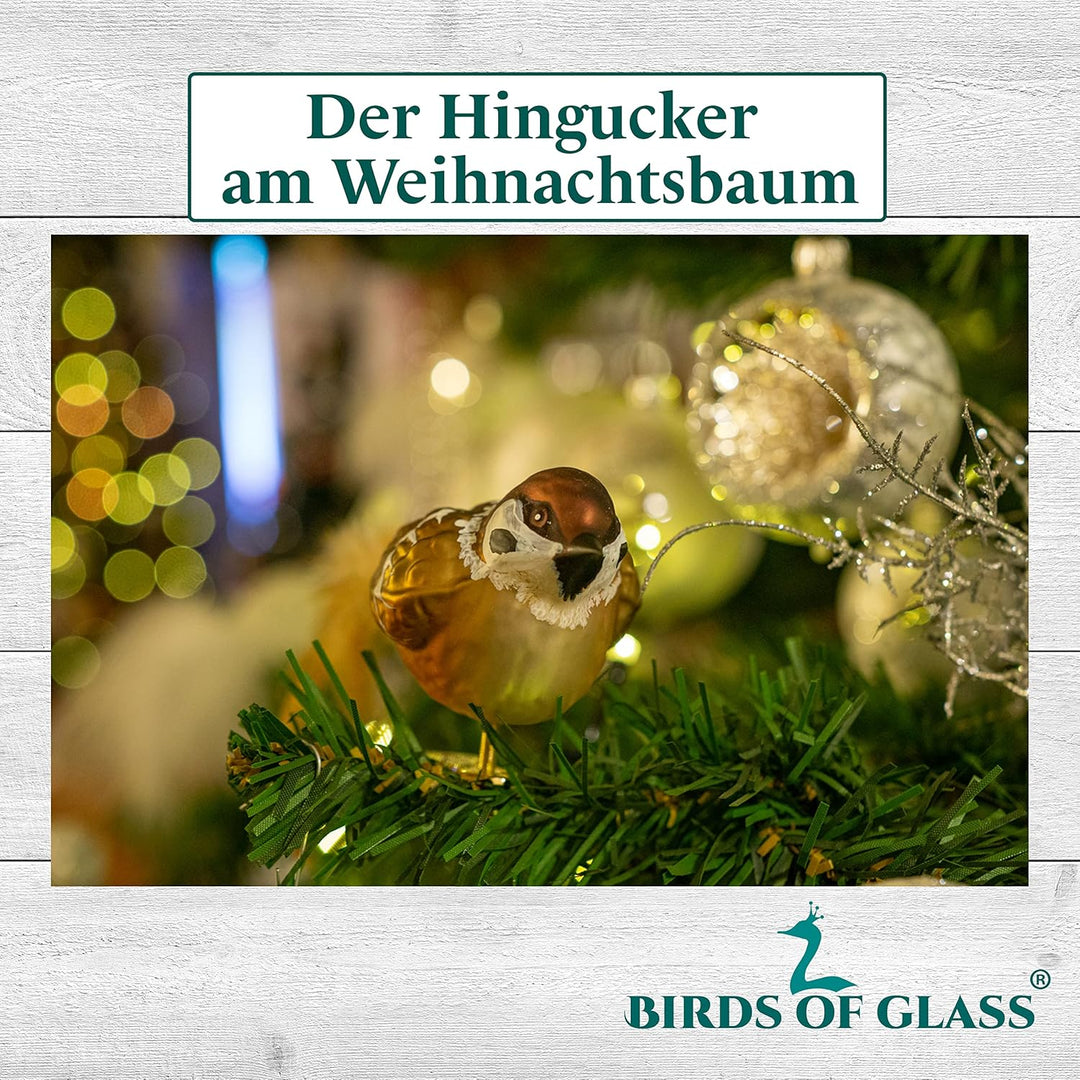 Glas-Vogel, Feldsperling mit Naturfeder, Glasschmuck Made in Germany aus eigener Herstellung, deko V