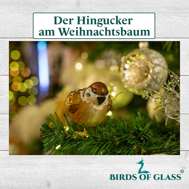 Glas-Vogel, Feldsperling mit Naturfeder, Glasschmuck Made in Germany aus eigener Herstellung, deko V