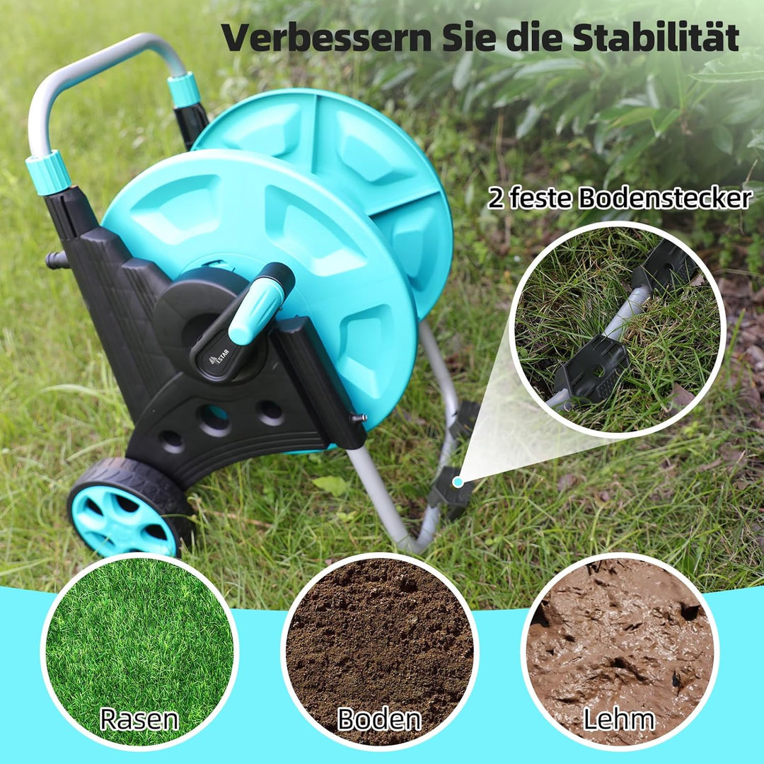 Schlauchwagen, Fahrbare Schlauchtrommel für 42m 1/2" Schlauch, mit Rädern, Verstellbarem Handlauf &amp;