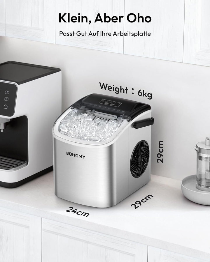 EUHOMY Eiswürfelmaschine Klein, 9 Eiswürfel in 6 Minuten, 12 kg/24H, Eiswürfelmaschine Edelstahl mit