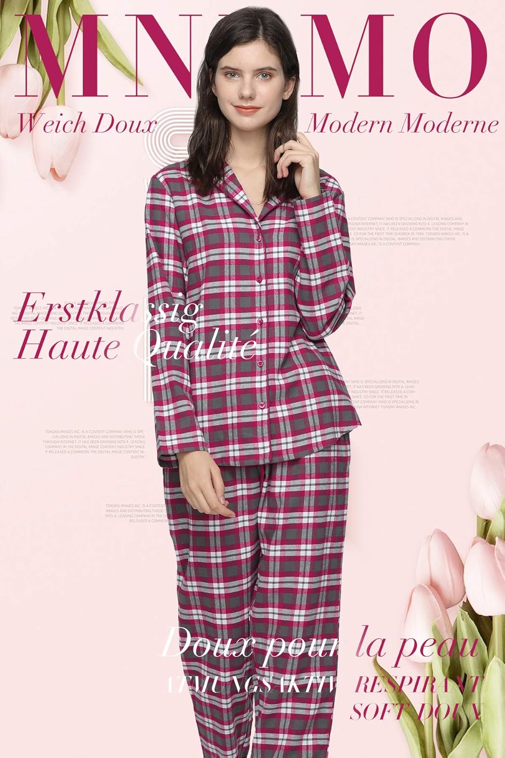 Mnemo Home Damen Schlafanzug Lang Flanell Pyjama Damen 100% Baumwolle aus Flanell Rot M, Rot M