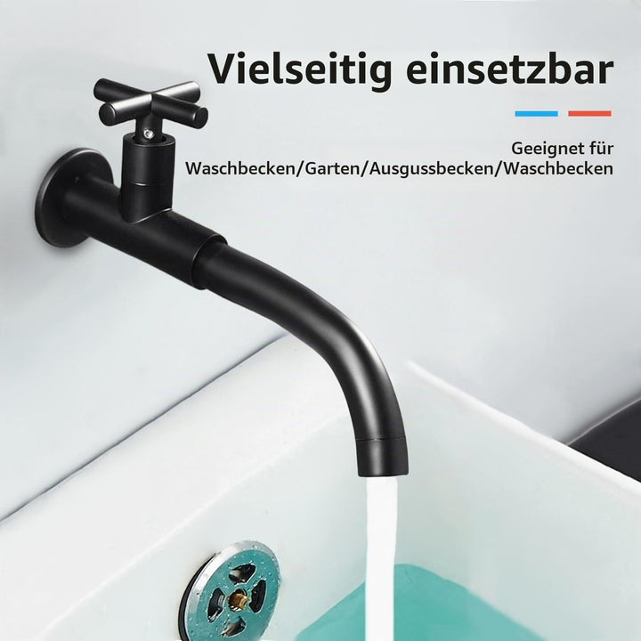 Kaltwasserhahn Wandmontage Schwarz, Kalter Waschtischarmatur Wandmontierte Wasserhähne Garten Lang,