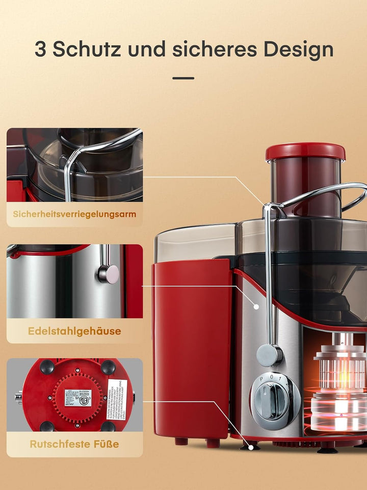 JUILIST Entsafter Gemüse und Obst, 65 mm Einfüllschacht, 3 Einstellungen, Mit Reinigungsbürste, Leic