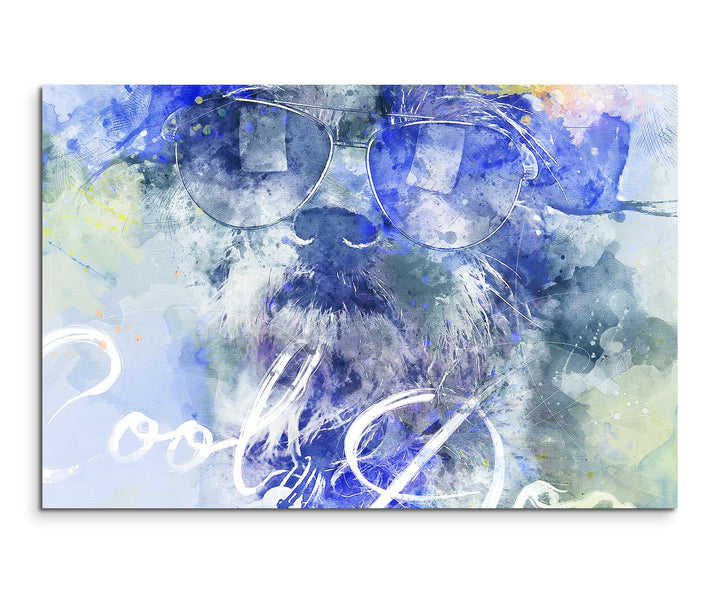 Paul Sinus Art Bild Leinwand 120x80cm Witziger Hund mit Sonnenbrille in Blautönen mit Kalligraphie,
