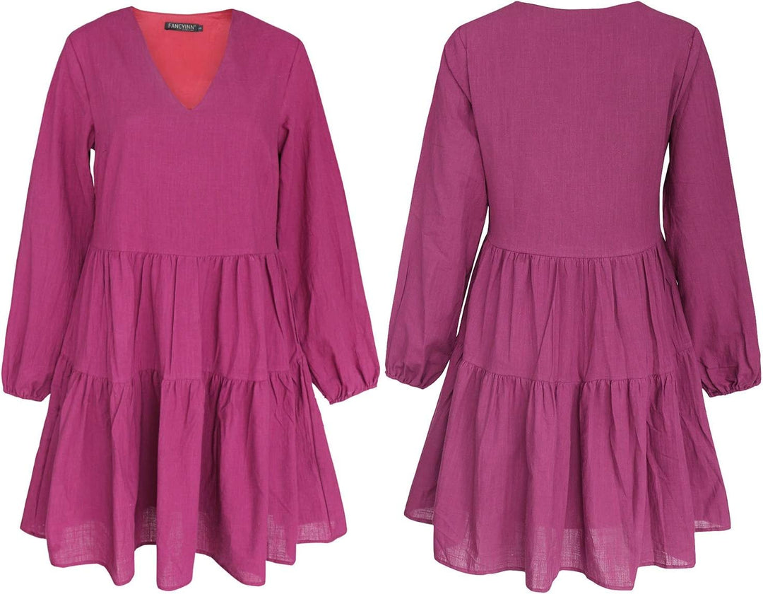 FANCYINN Damen Cute Shift Kleid mit Taschen Glockenärmel Rüschen Saum V Ausschnitt Lose Swing Tunika